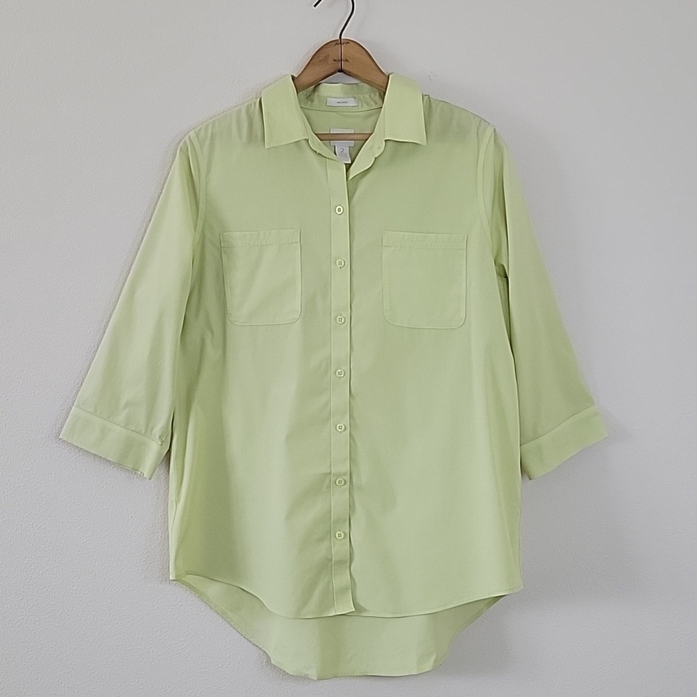 Chico's‎ Yellow/Green No Iron Button Front Tunic Shirt Size Large